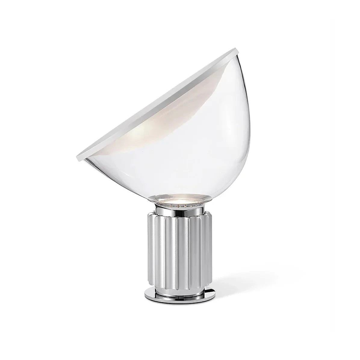 Modern Sculptural Slanted Glass Accent Table Lamp with Silver Fluted Base on Pure White Background