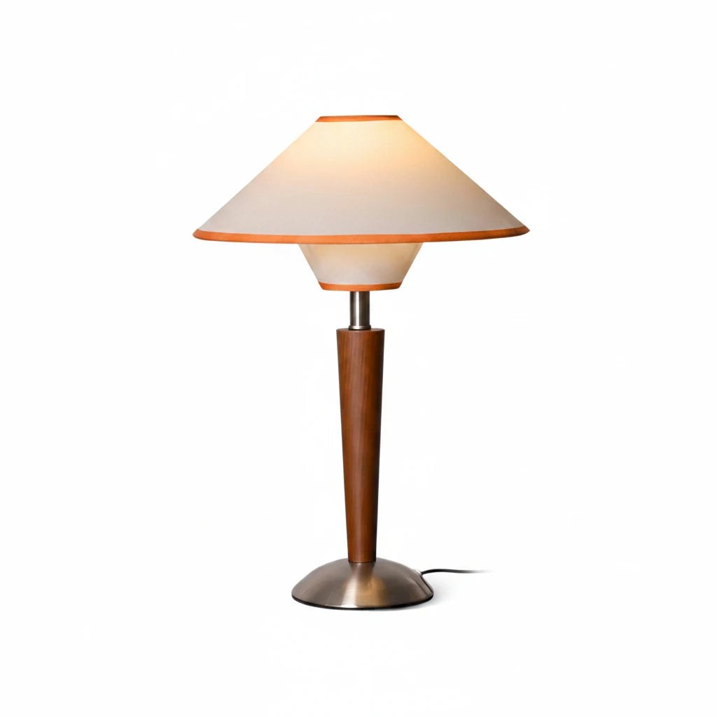 Modern Wooden Cone Shade Accent Table Lamp with Metal Base on Pure White Background