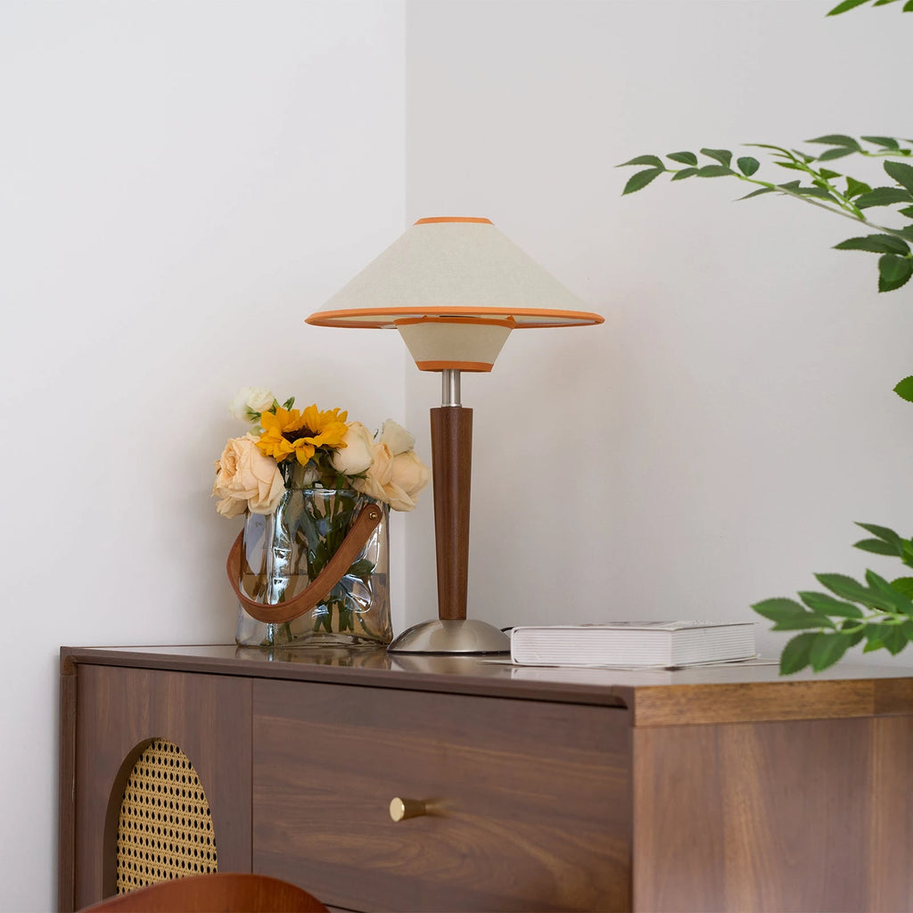 Illuminated Wooden Cone Shade Table Lamp on Dresser