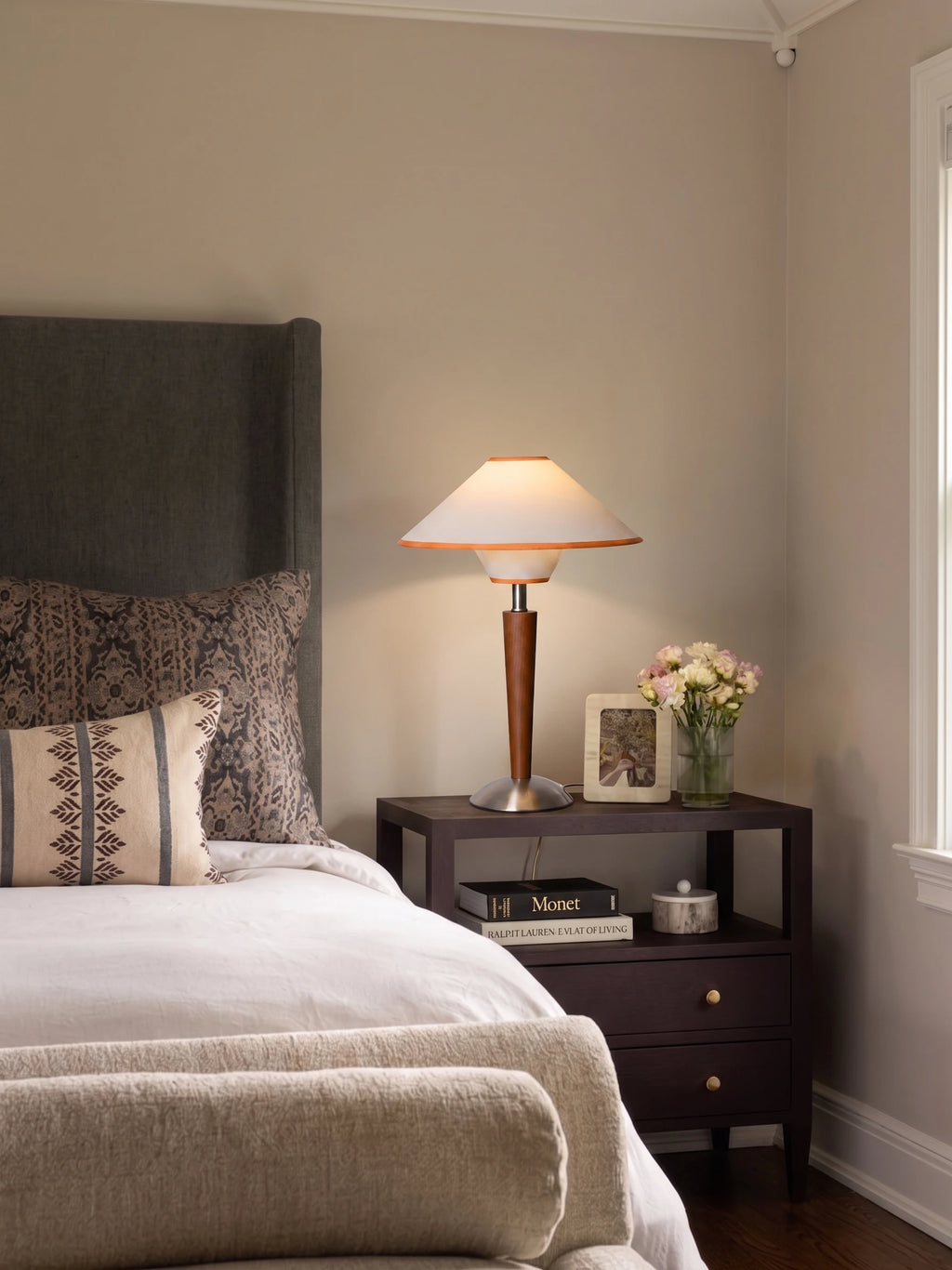 Modern Wooden Cone Table Lamp on Bedroom Nightstand