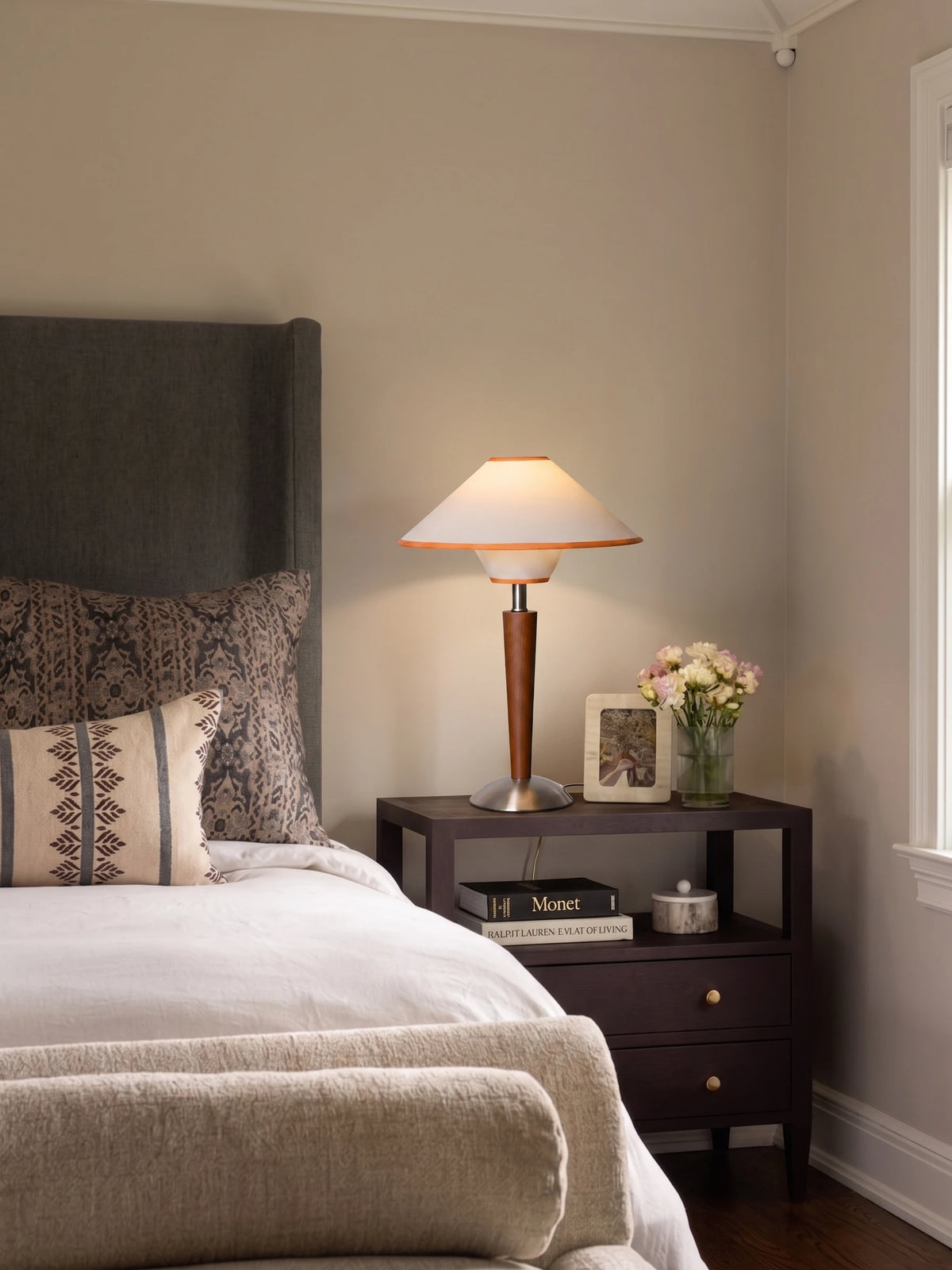 Modern Wooden Cone Table Lamp on Bedroom Nightstand