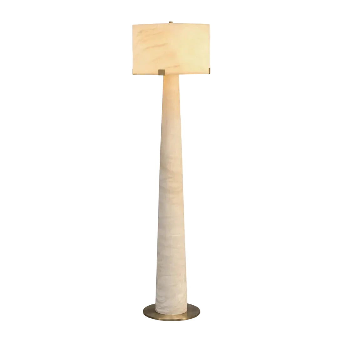 Modern Tapered Alabaster Column Floor Lamp with Round Shade on Pure White Background