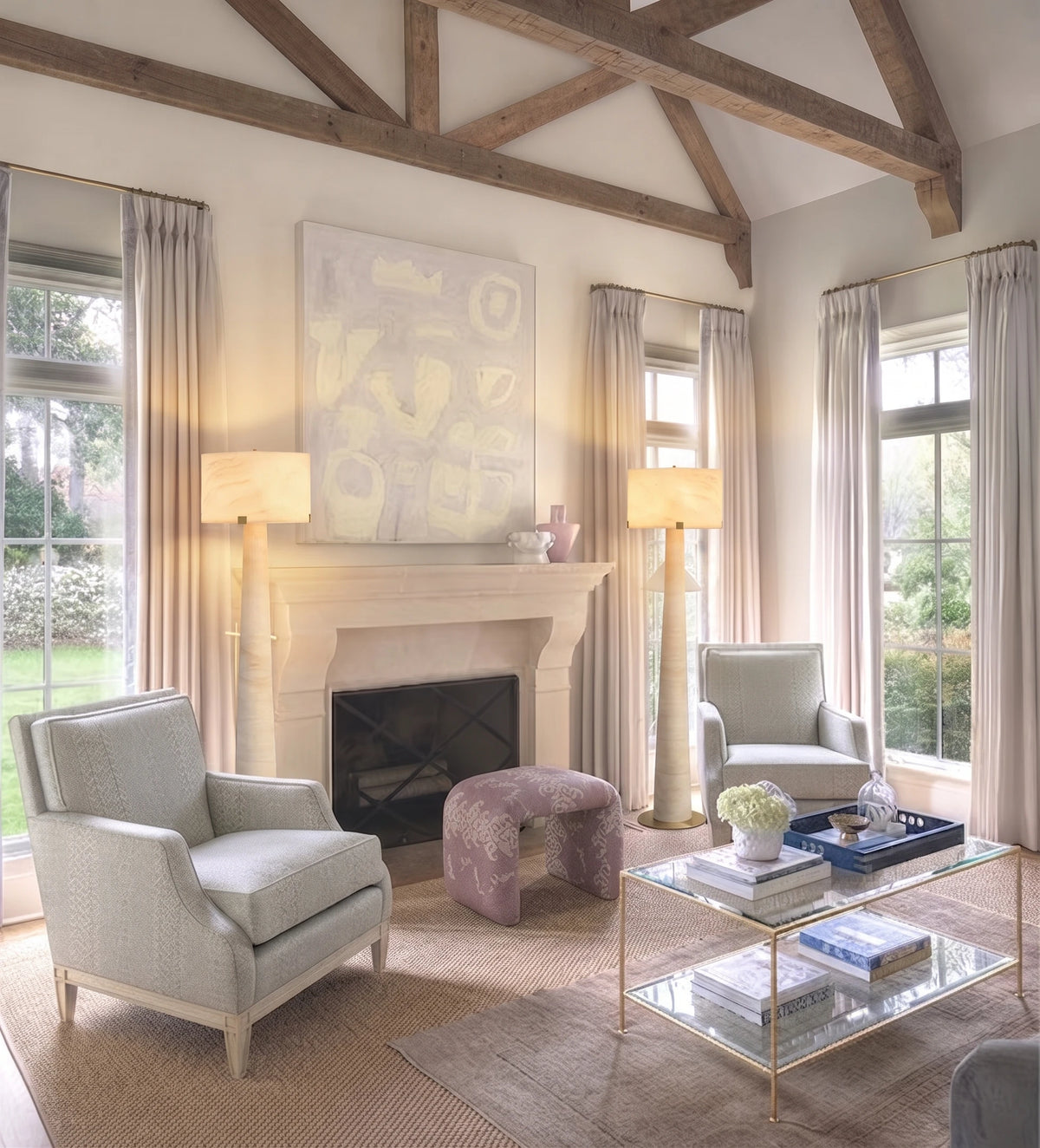 Modern Alabaster Floor Lamp in Vaulted Ceiling Living Room