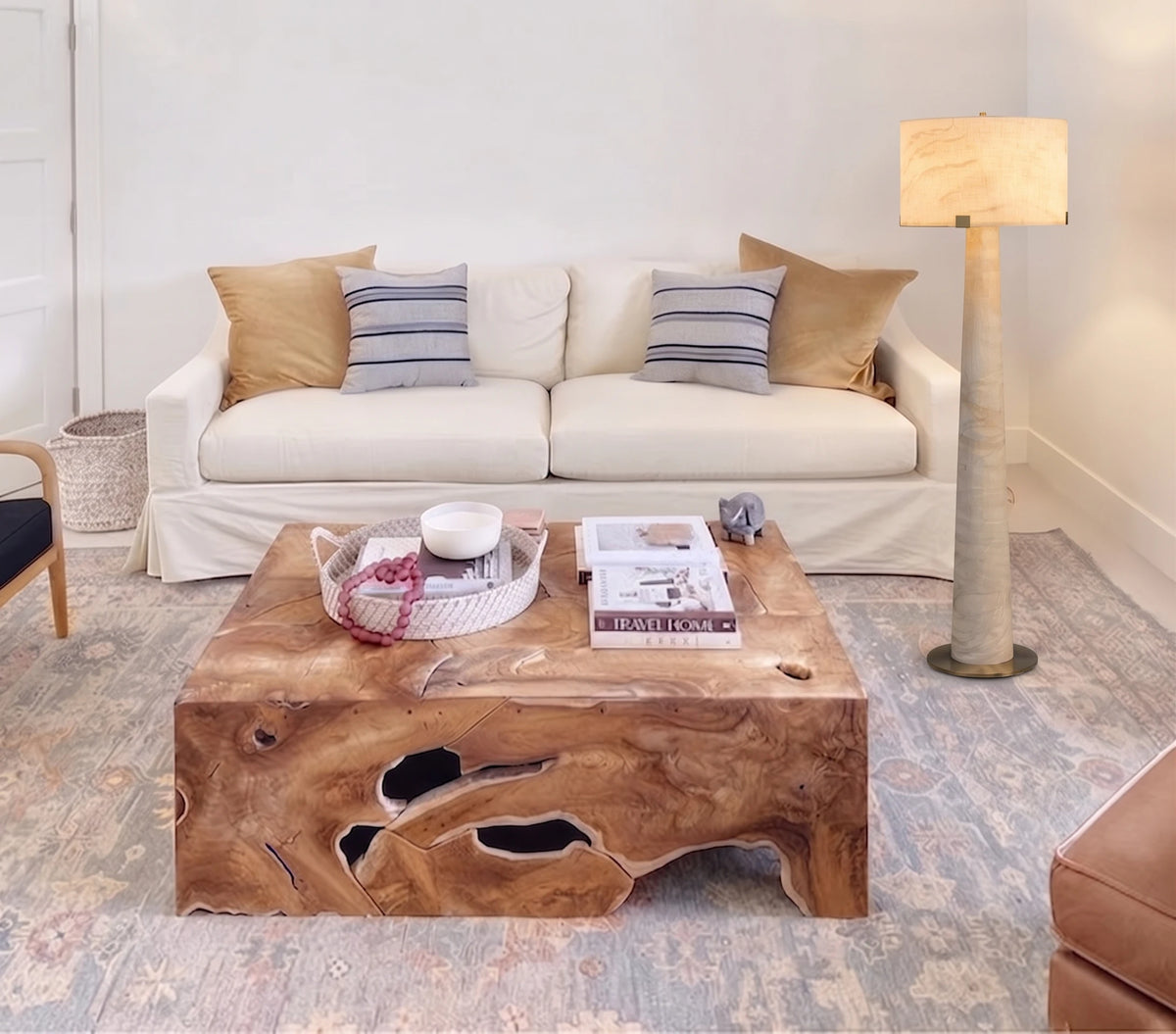 Modern Alabaster Column Floor Lamp in Contemporary Living Room