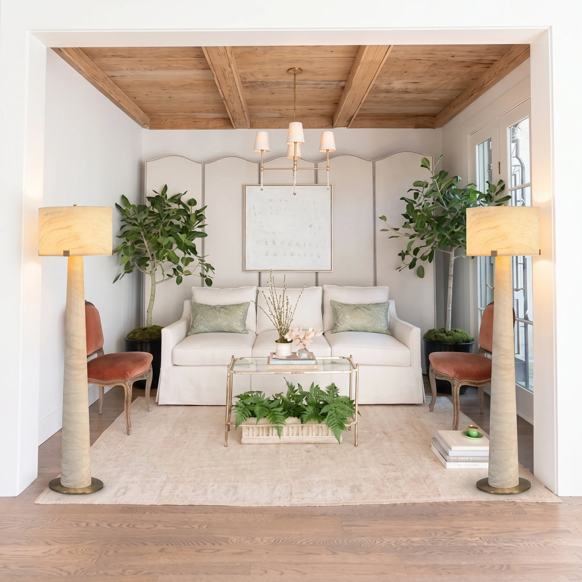 Pair of Alabaster Floor Lamps Framing Living Room Setting