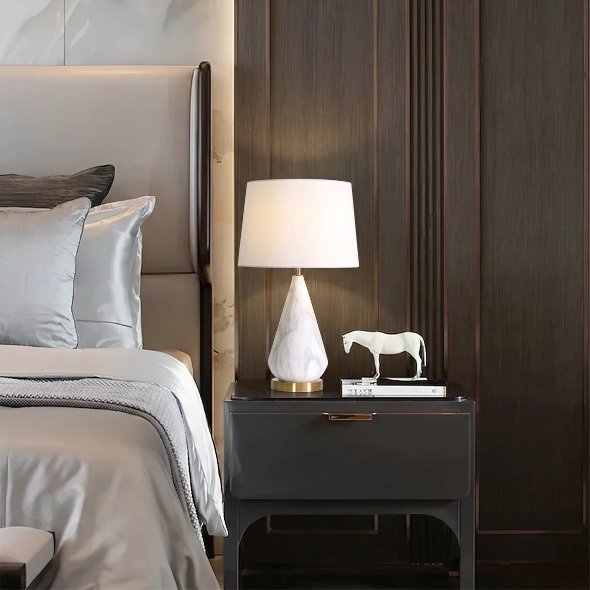 Modern Alabaster Table Lamp on Bedroom Nightstand