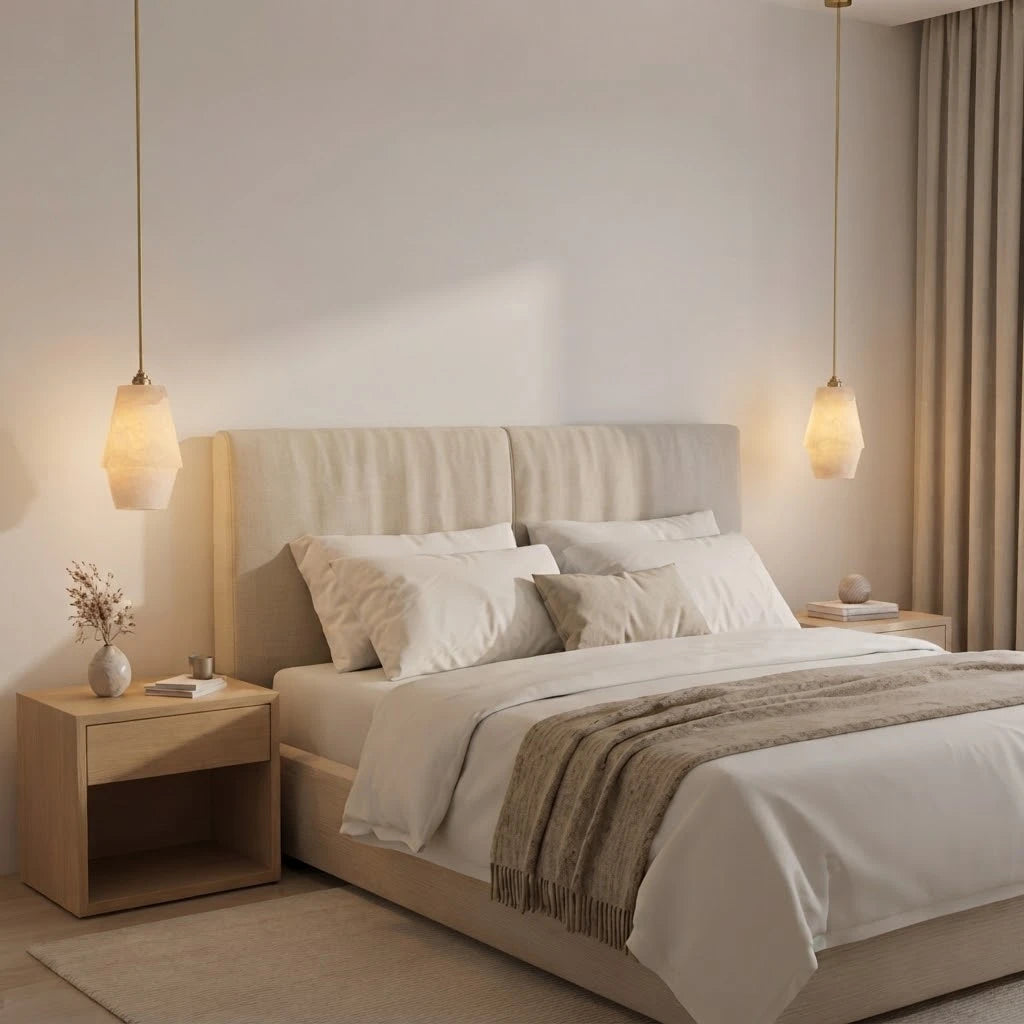 Modern Faceted Alabaster Pendant Lights in Master Bedroom Setting