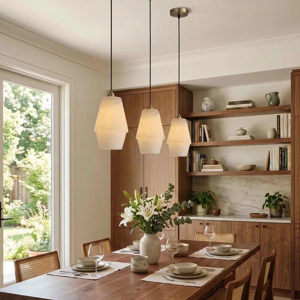 Modern Alabaster Art Glass Pendant Lights Over Dining Table
