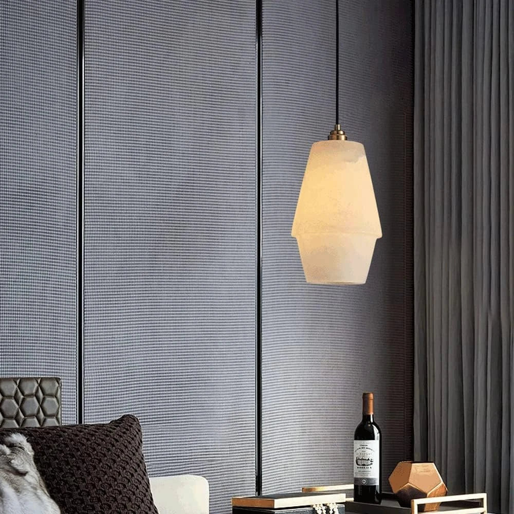 Illuminated Modern Faceted Alabaster Pendant Light in Living Room