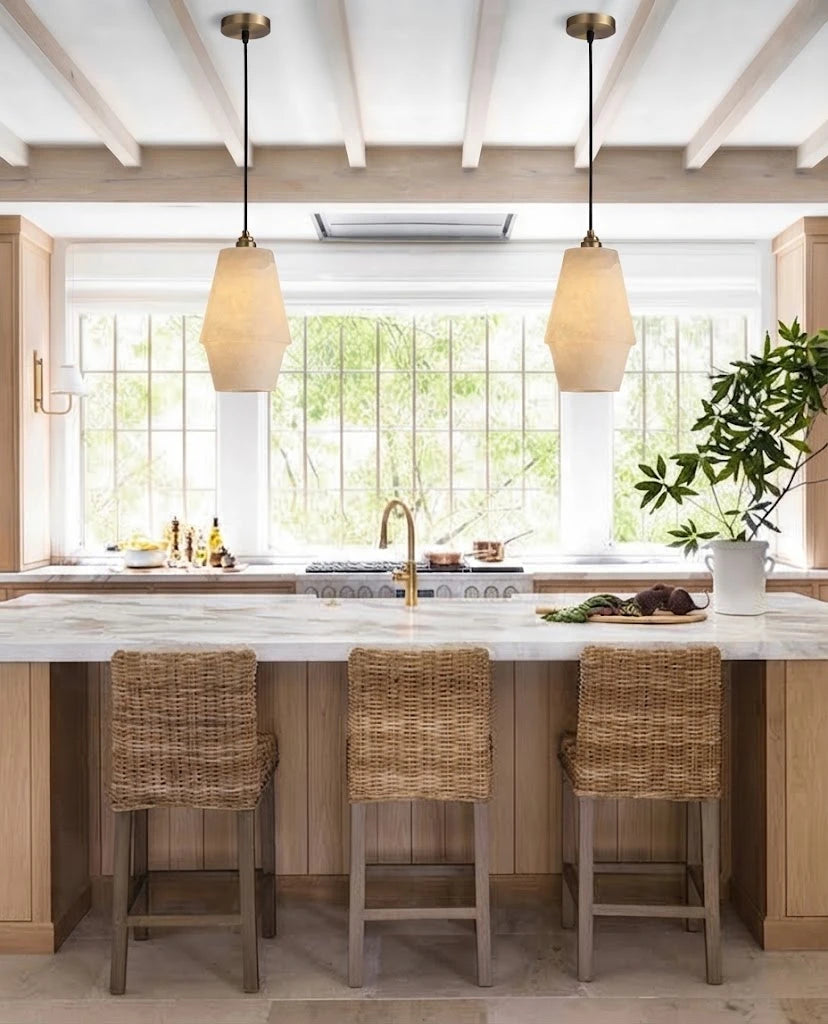 Modern Faceted Alabaster Pendant Light Over Kitchen Island