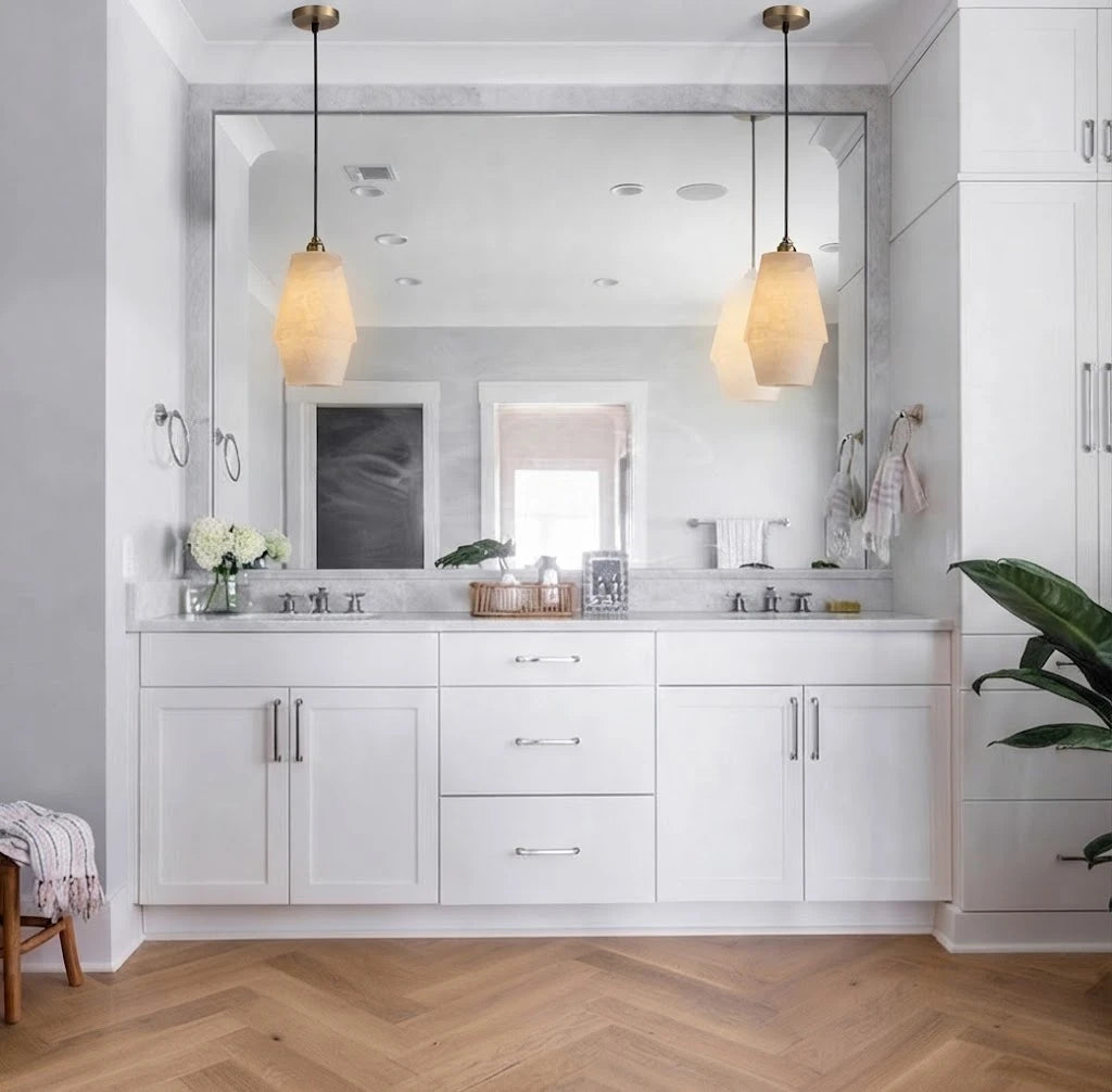 Modern Faceted Alabaster Pendant Lights in Bathroom Vanity Setting