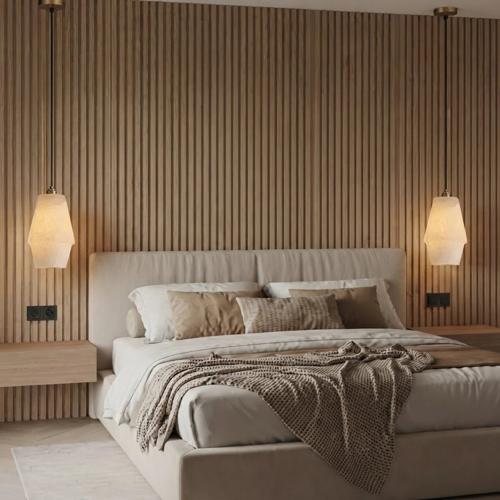 Modern Faceted Alabaster Pendant Light in Master Bedroom Interior