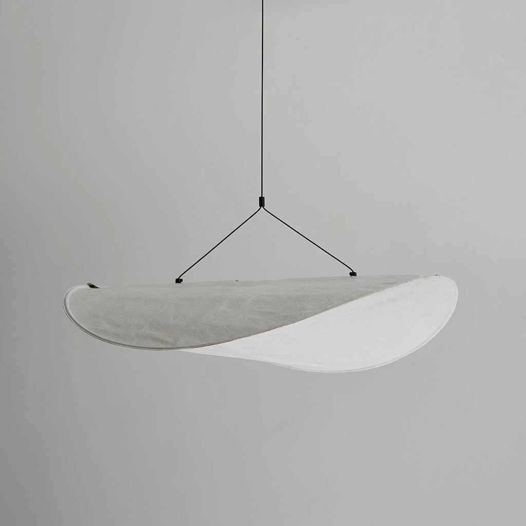 Illuminated Modern Black Frame Satin Fabric Cloud Wave Pendant Light Studio Shot