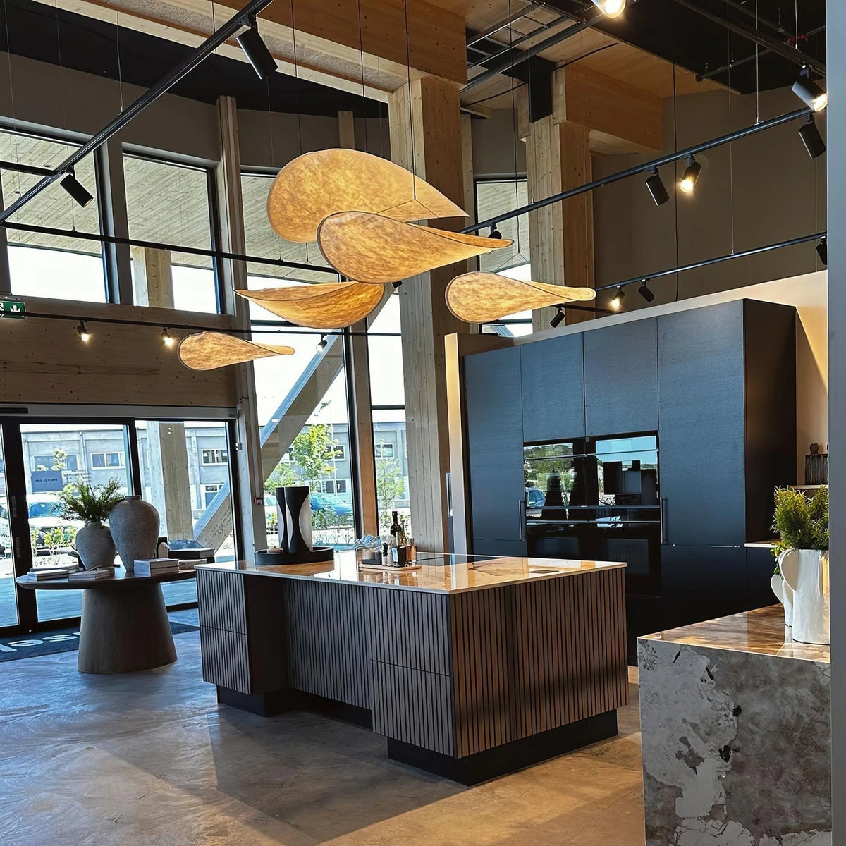 Modern Satin Fabric Cloud Wave Art Pendant Lights in Open Plan Kitchen