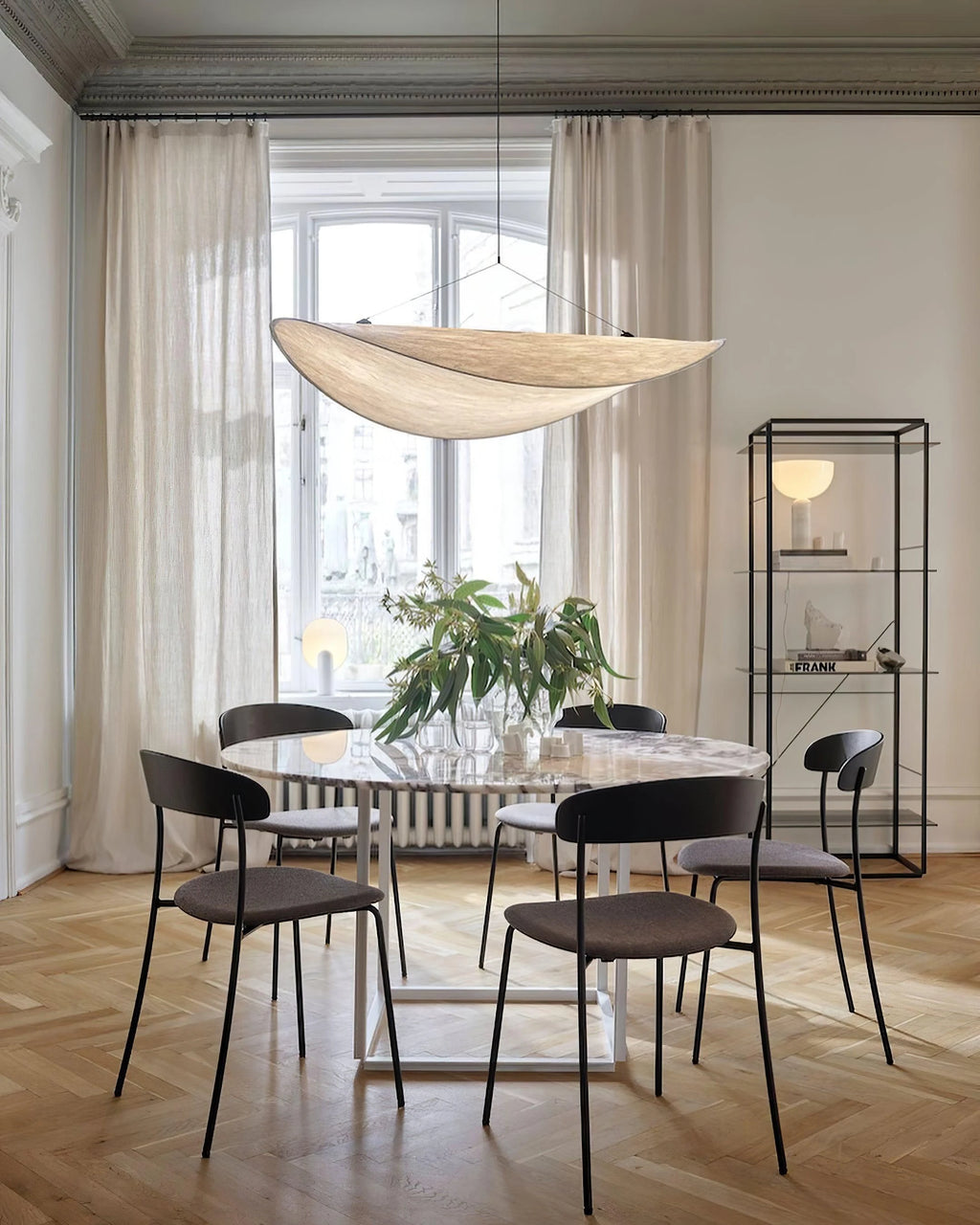 Modern Satin Fabric Cloud Wave Art Pendant Light Over Round Dining Table
