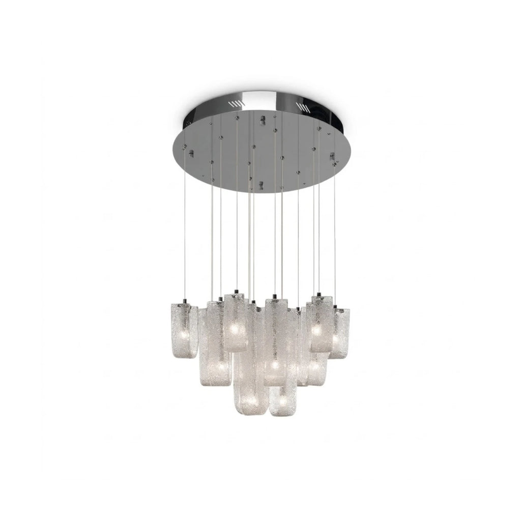 Angled View of Modern Multi-Light Art Glass Chandelier Studio Shot