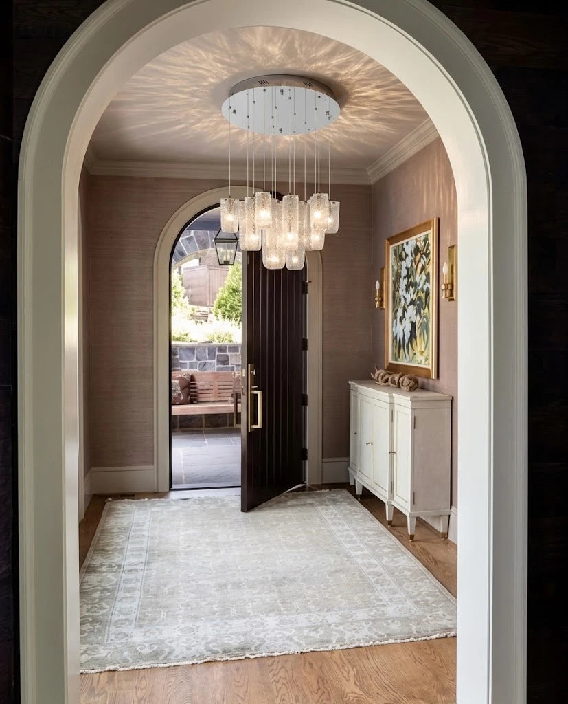 Modern Ice Glass Chandelier in Archway Foyer Interior