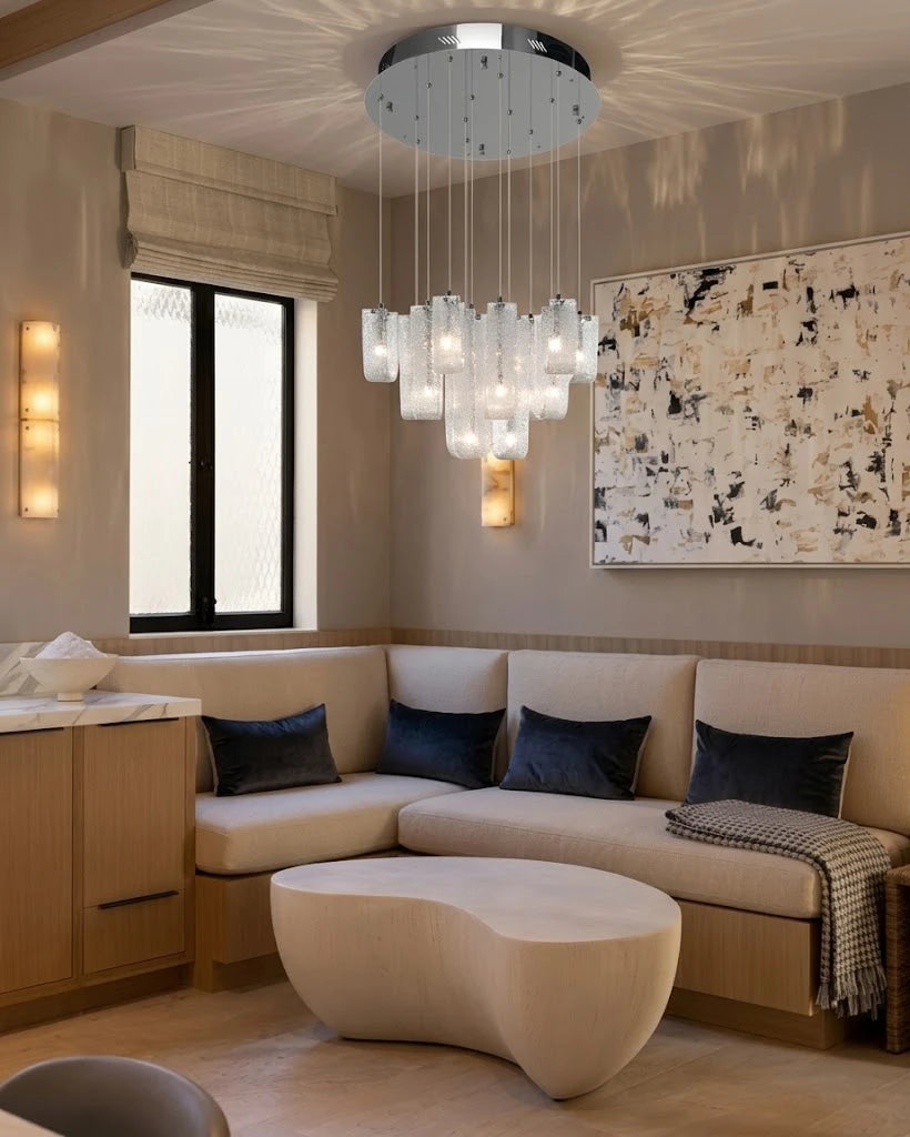 Modern Multi-Light Ice Art Glass Chandelier in Living Room Setting