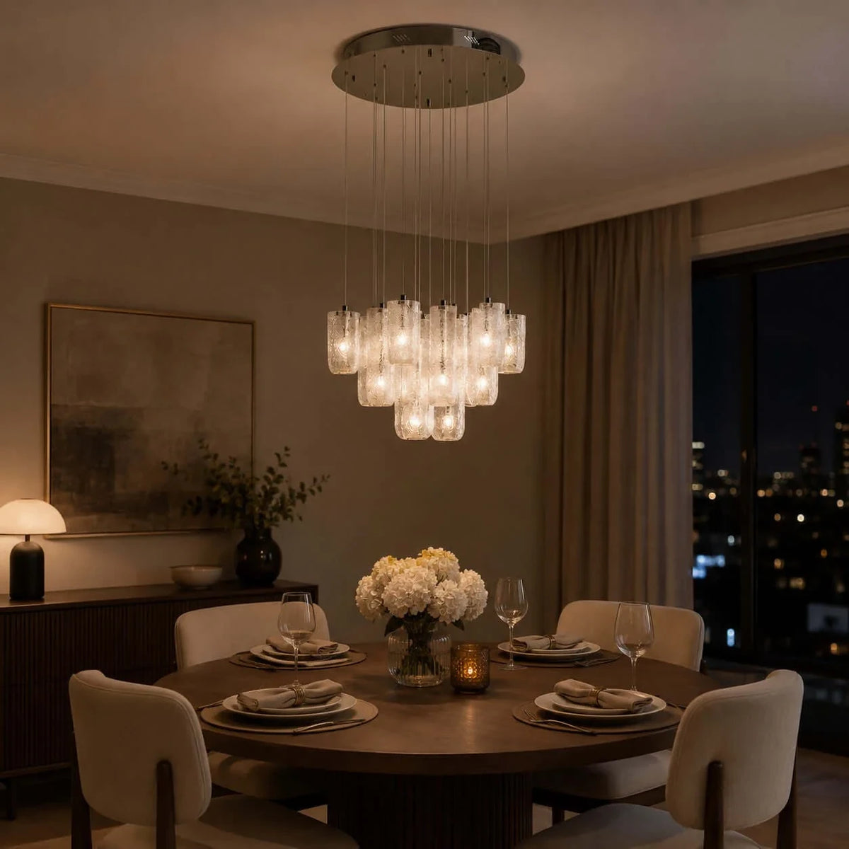 Illuminated Modern Multi-Light Chandelier in Luxury Dining Space