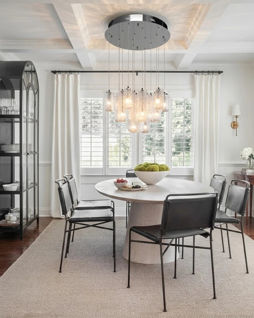 Modern Art Glass Chandelier Over Contemporary Dining Table
