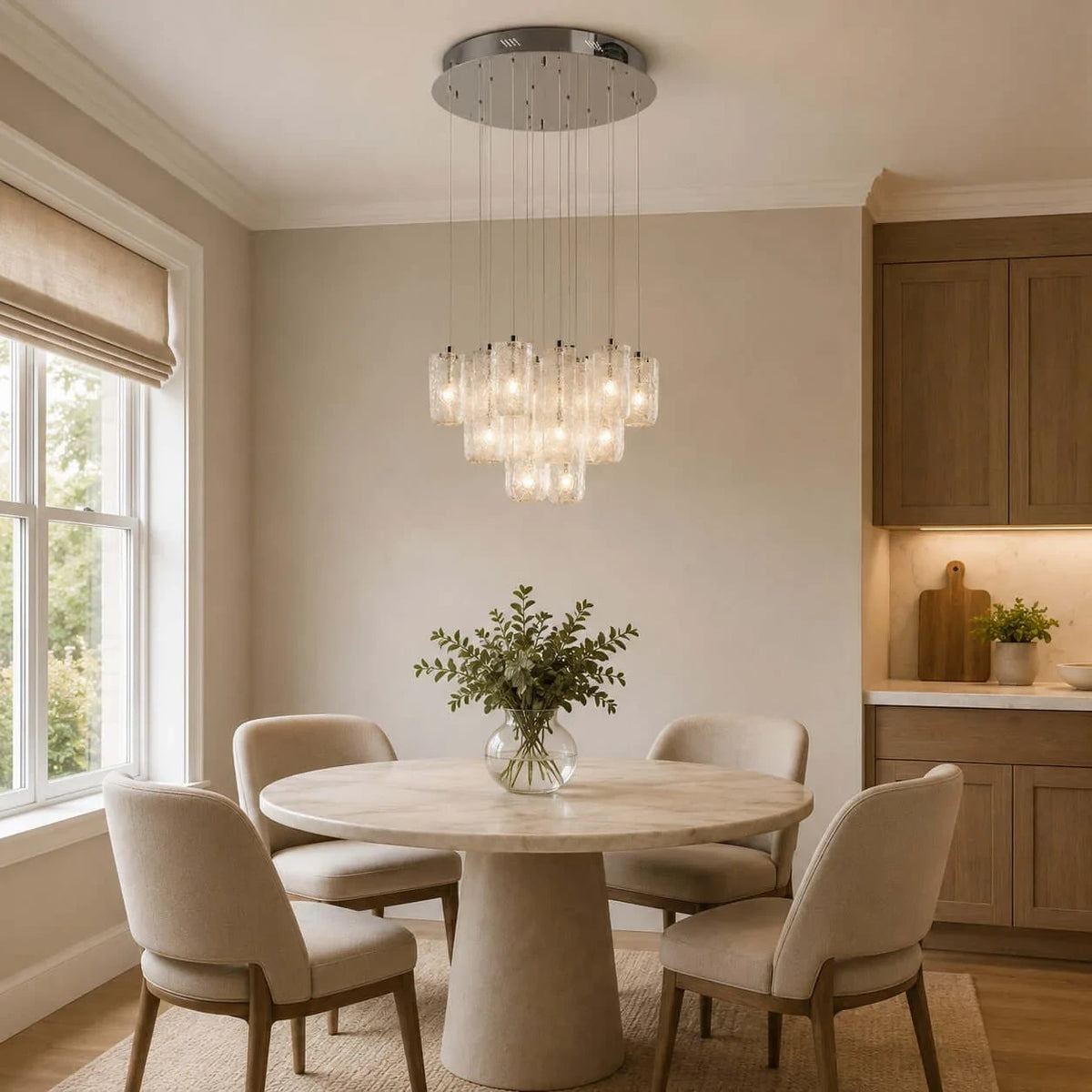 Modern Multi-Light Round Chandelier in Bright Dining Area