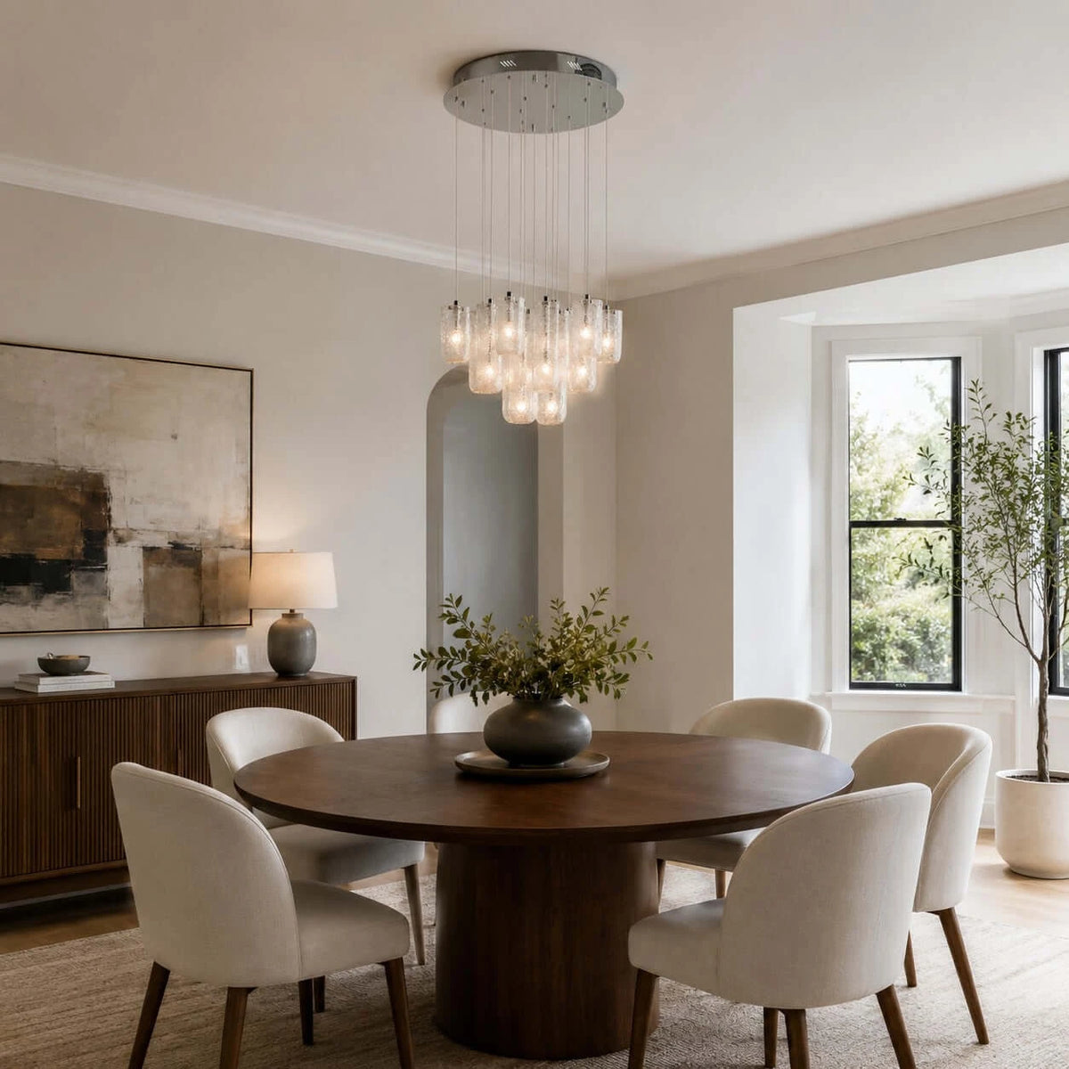 Modern Ice Glass Chandelier in Open Plan Dining Room