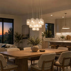 Modern Multi-Light Art Glass Chandelier Over Long Dining Table