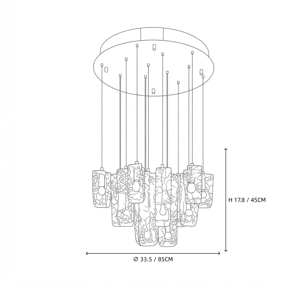 Modern Multi-Light Round Ice Art Glass Chandelier Line Art Dimension Diagram
