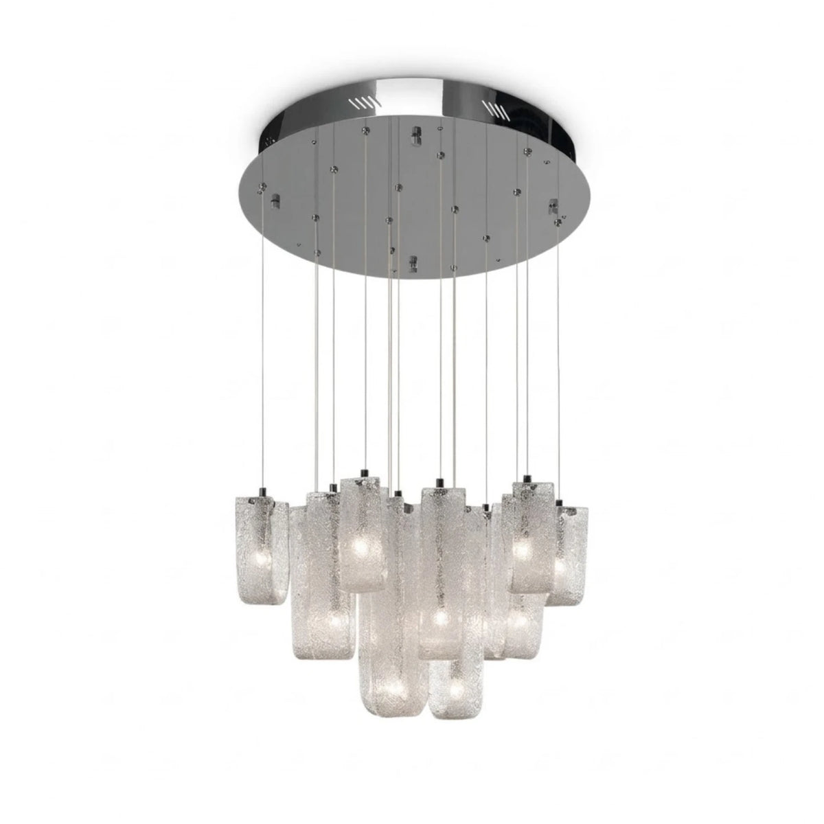 Modern Multi-Light Round Ice Art Glass Chandelier with Silver Canopy on Pure White Background