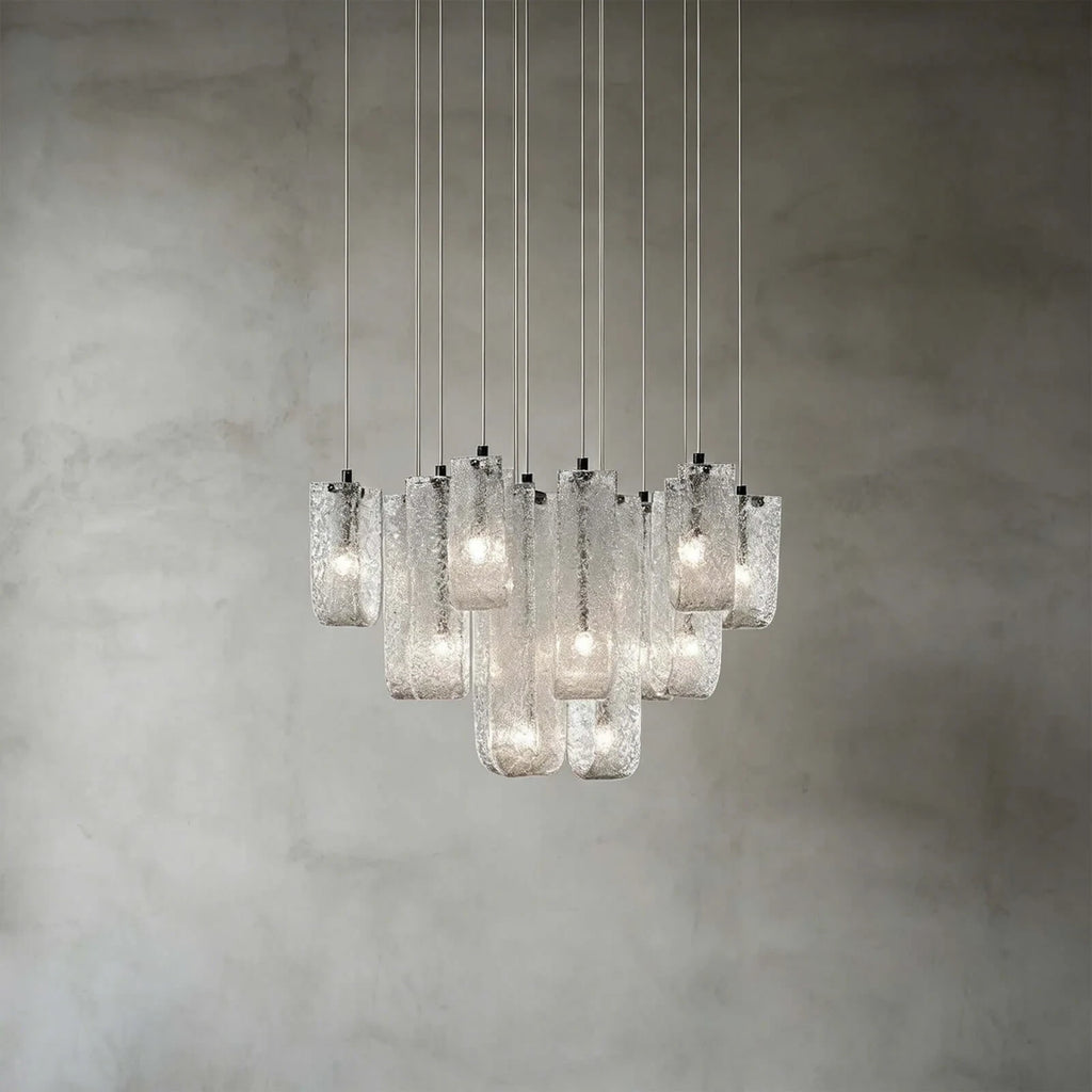 Illuminated Modern Multi-Light Round Ice Glass Chandelier Studio Shot