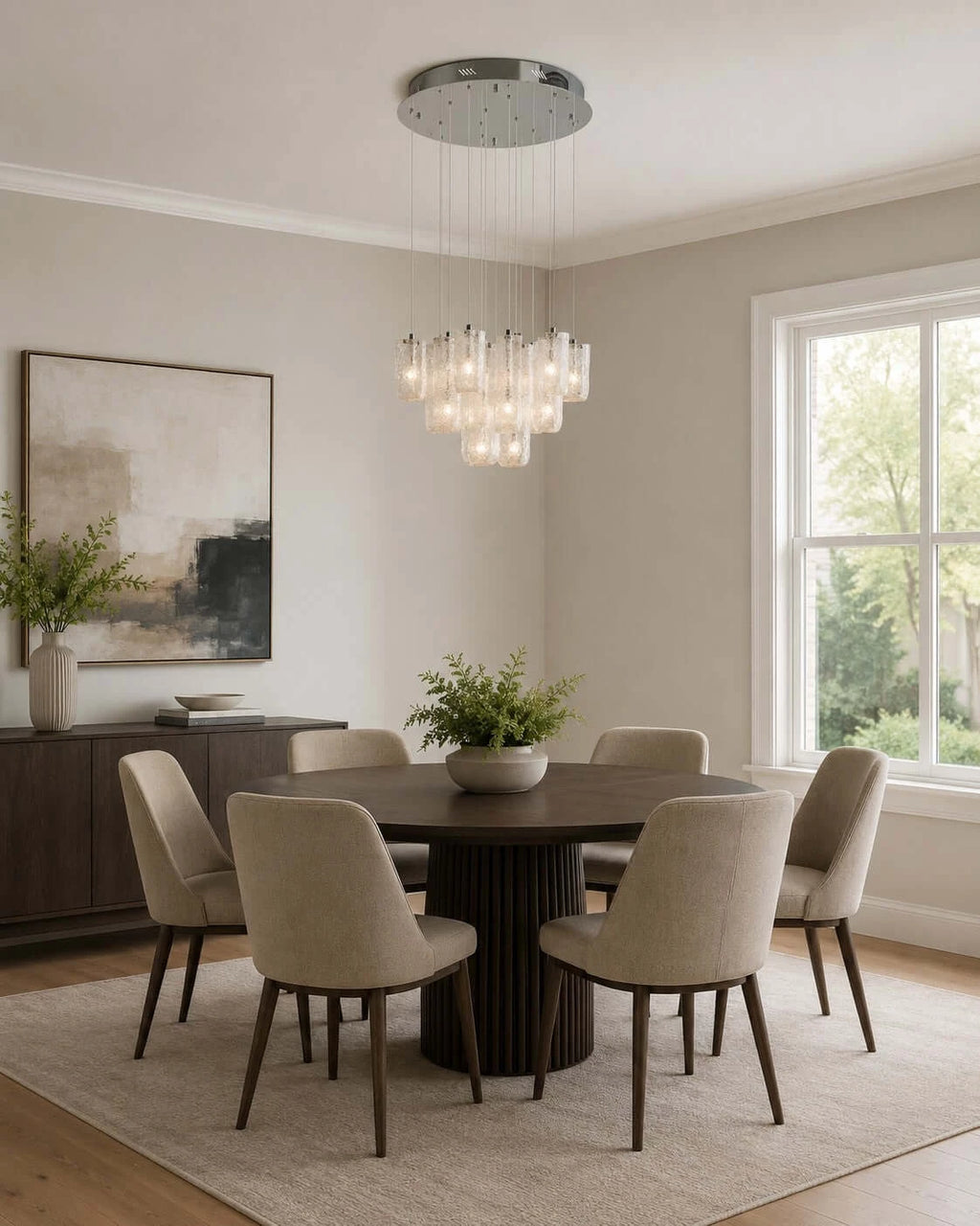 Modern Art Glass Round Chandelier Over Round Dining Table