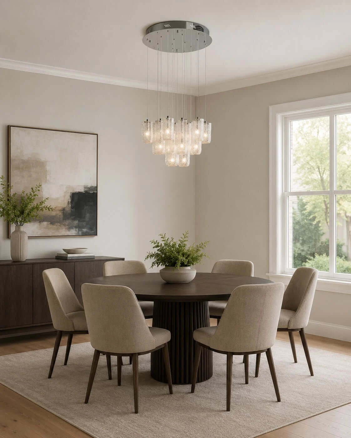 Modern Art Glass Round Chandelier Over Round Dining Table