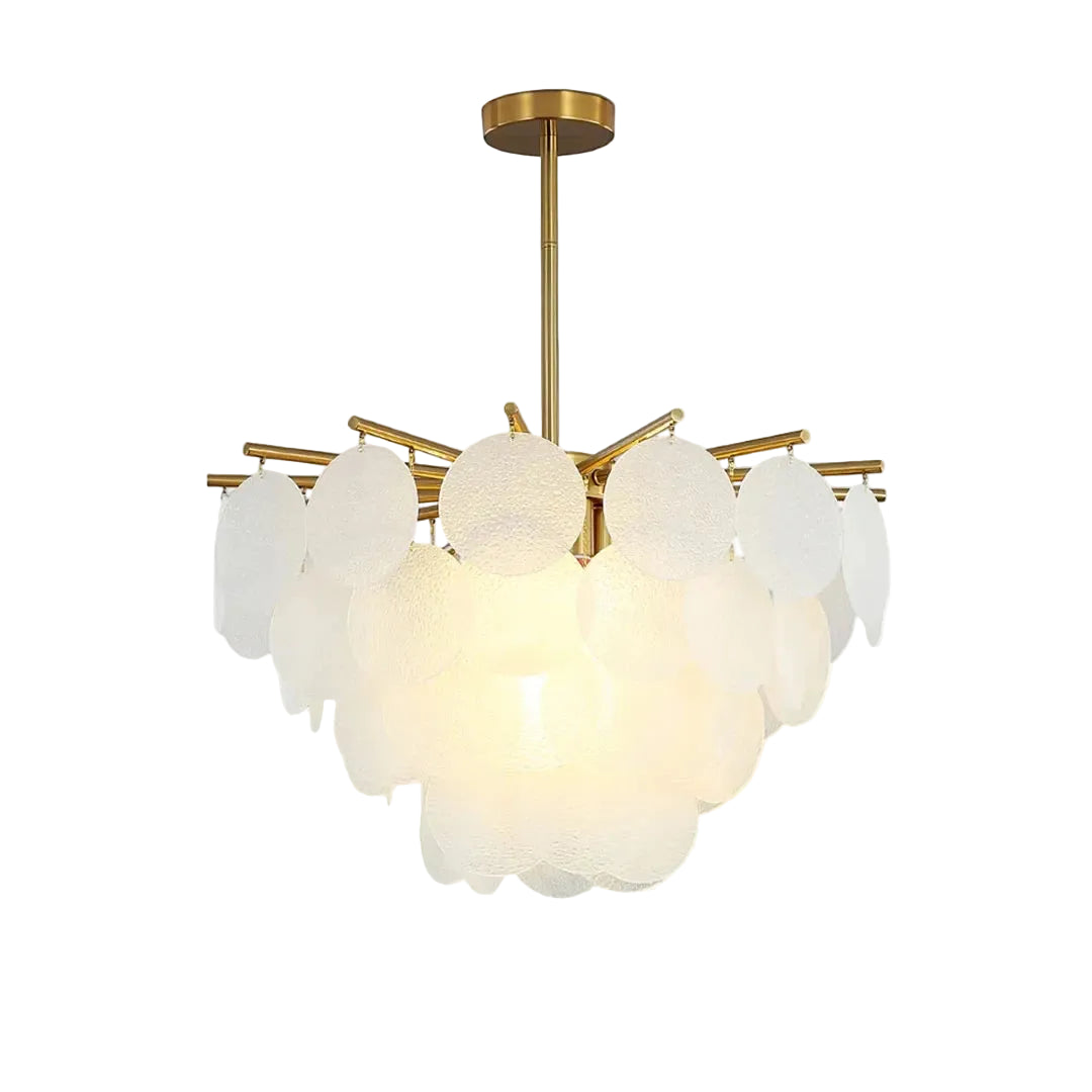 Modern Brass White Disc Art Glass Chandelier with Brass Canopy on Pure White Background