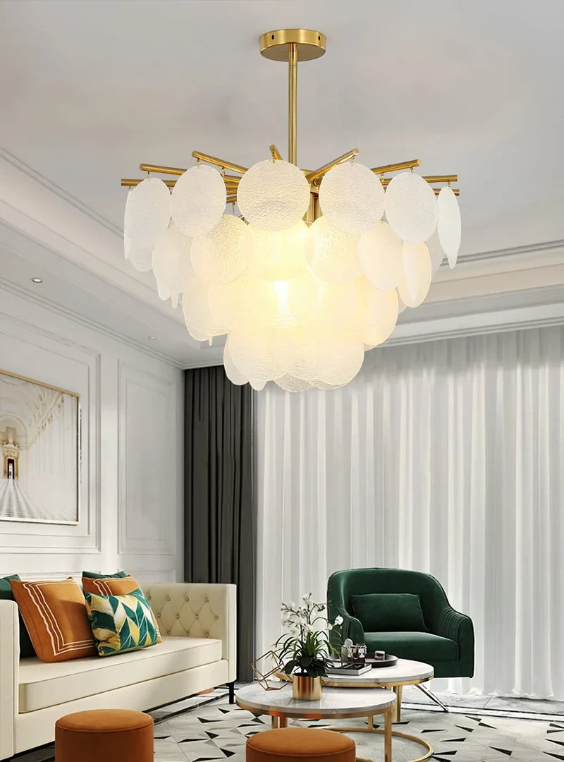 Modern Brass White Disc Art Glass Chandelier in Open Plan Living Room