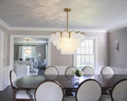 Modern Brass White Disc Art Glass Chandelier in Luxury Dining Room