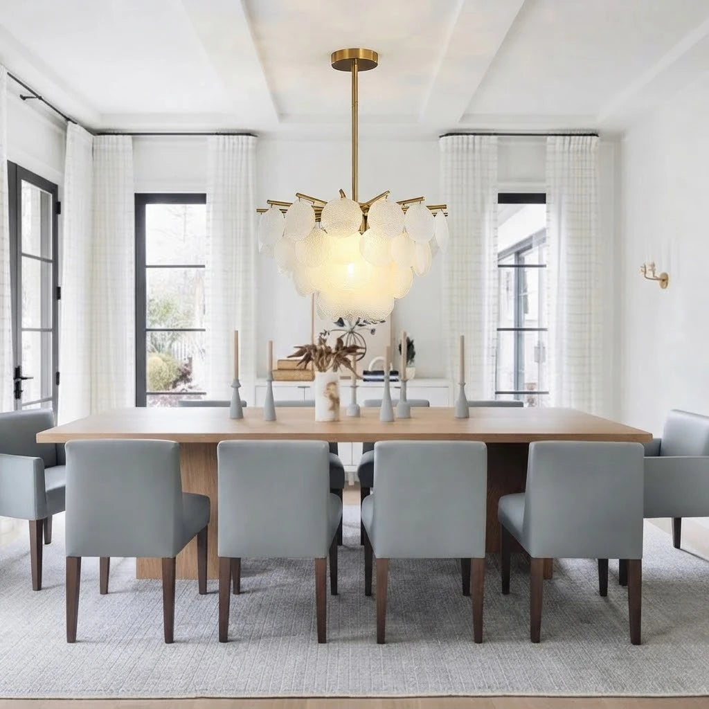 Modern Brass White Disc Chandelier in Elegant Dining Setting