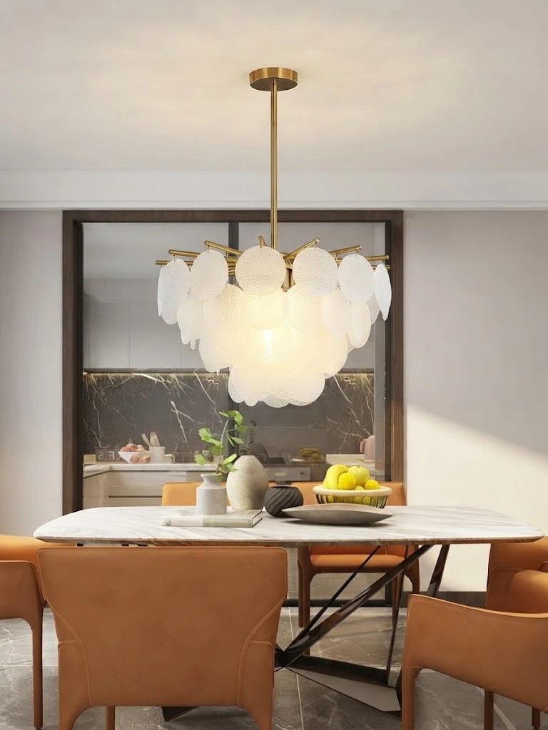 Modern Brass White Disc Chandelier in Cozy Dining Space
