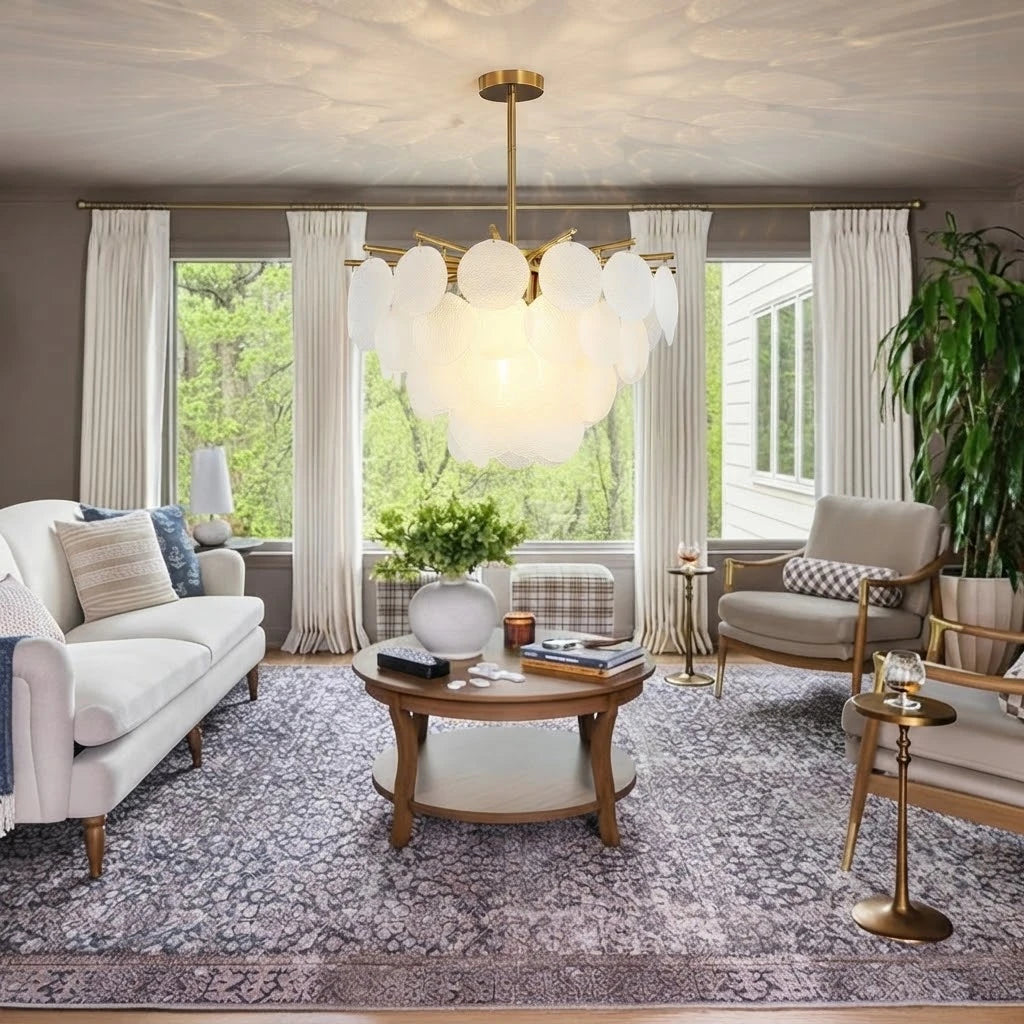 Modern Brass White Disc Art Glass Chandelier in Bright Living Room