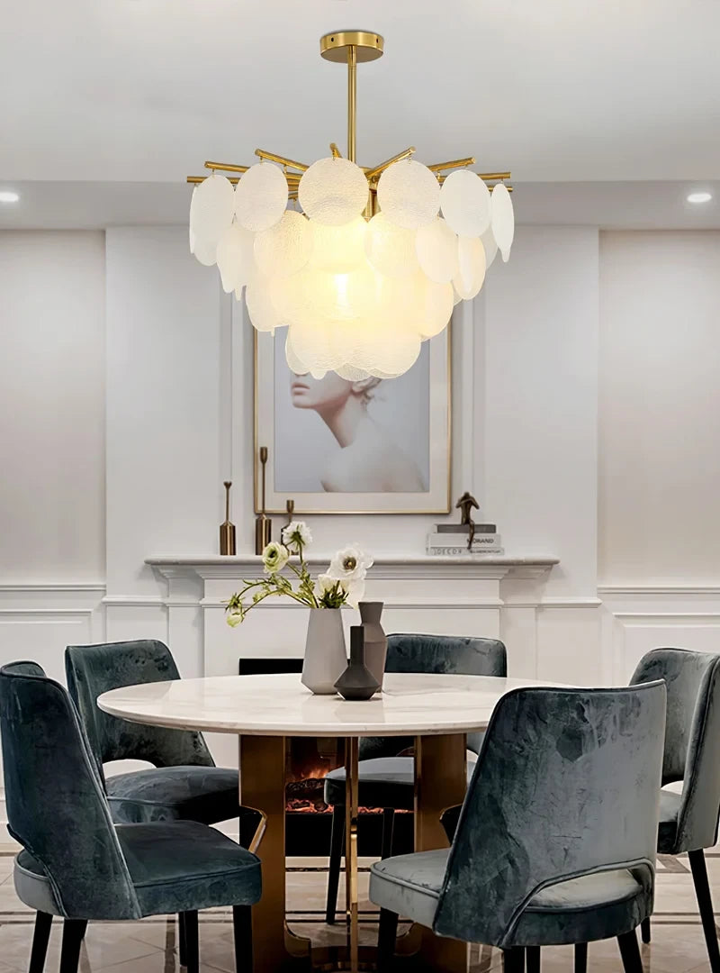 Modern Brass White Disc Art Glass Chandelier Over Round Dining Table