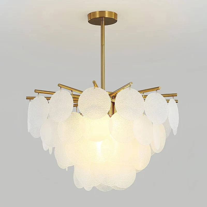 Illuminated Modern Brass White Disc Art Glass Chandelier Studio Display