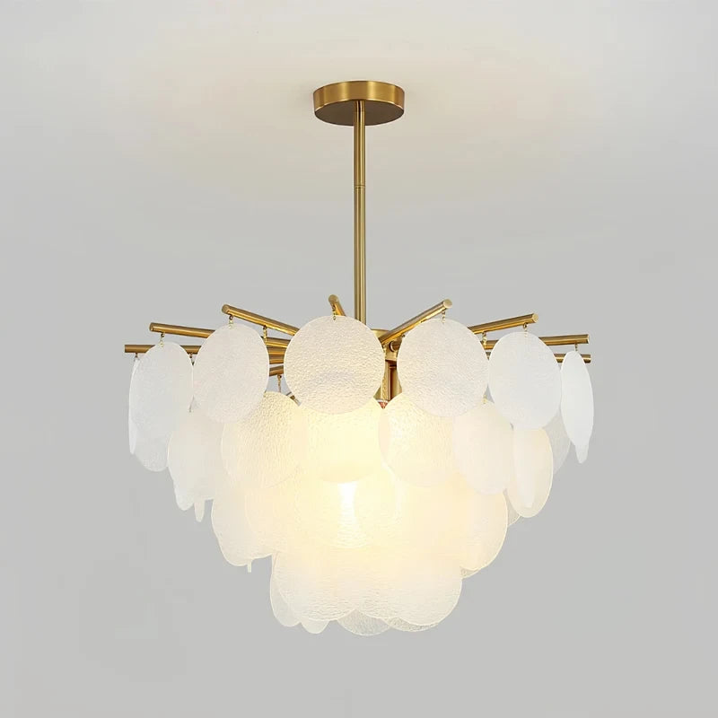Illuminated Modern Multi-Tier Brass White Disc Chandelier Studio Display