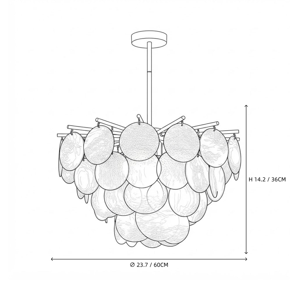 Modern Brass White Disc Art Glass Chandelier Line Art Dimension Diagram