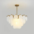 Illuminated Modern Brass White Disc Art Glass Chandelier Studio Shot