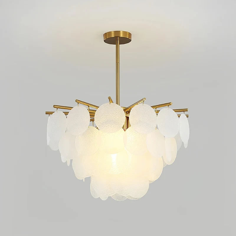 Illuminated Modern Brass White Disc Art Glass Chandelier Studio Shot