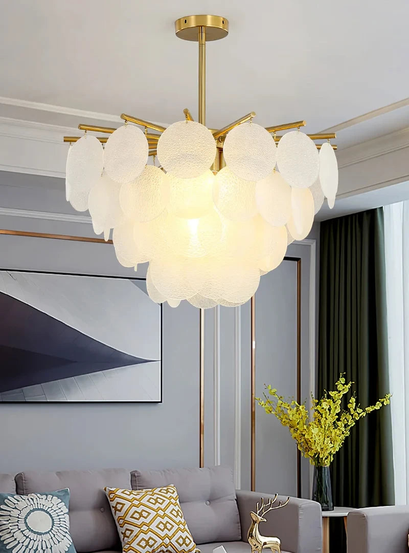 Modern Brass White Disc Chandelier in Bright Living Area