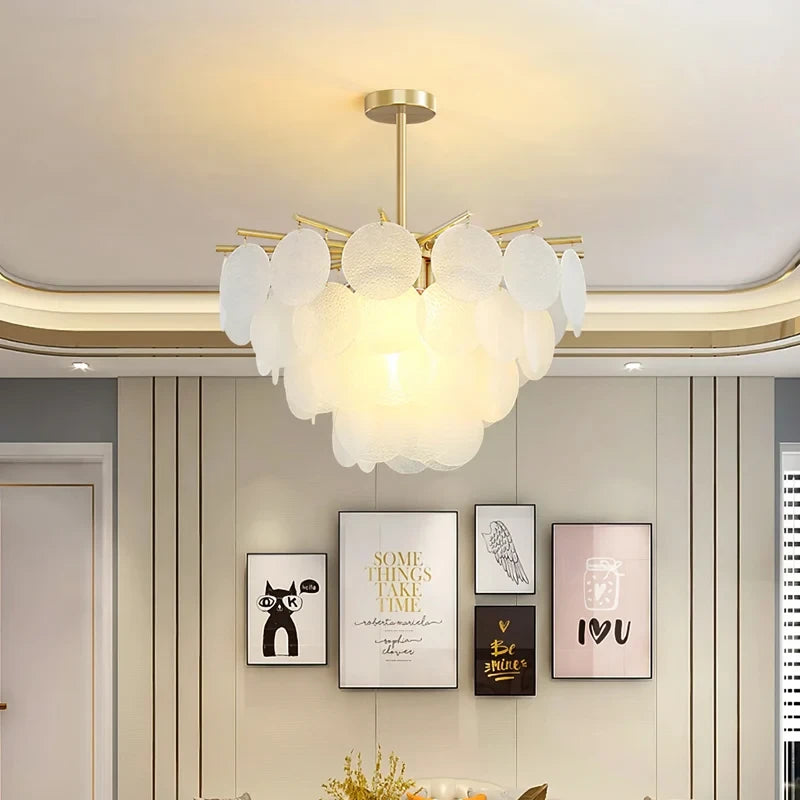 Modern Brass White Disc Art Glass Chandelier in Stylish Interior