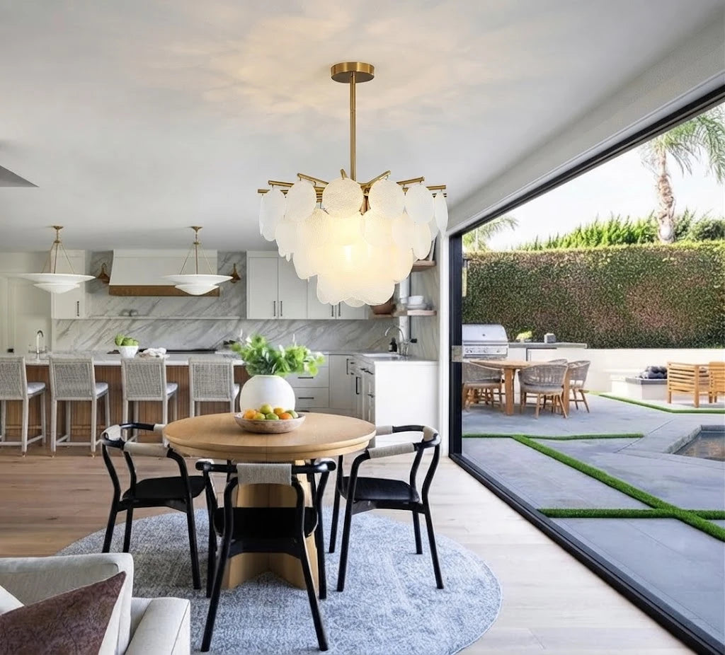 Modern Brass White Disc Chandelier Over Kitchen Dining Area
