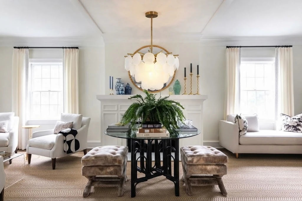 Modern Brass White Disc Chandelier in Contemporary Living Space