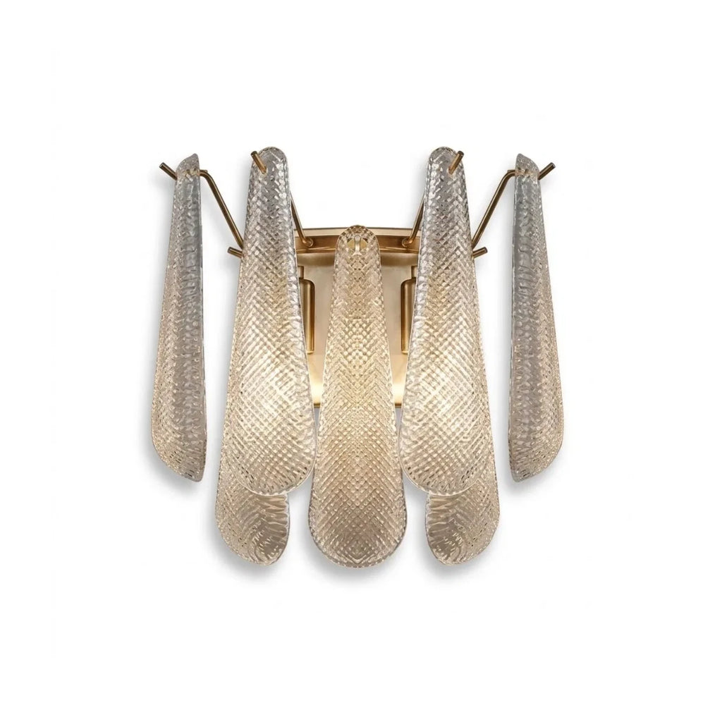 Modern Brass and Ice Glass Art Wall Sconce on Pure White Background