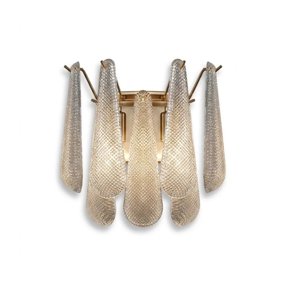 Modern Brass and Ice Glass Art Wall Sconce on Pure White Background